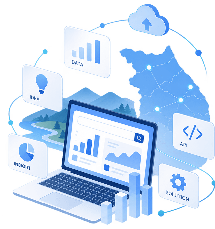 공공데이터와 AI로 지역 문제를 분석하는 과정을 나타낸 일러스트 — DATA, IDEA, INSIGHT, API, SOLUTION